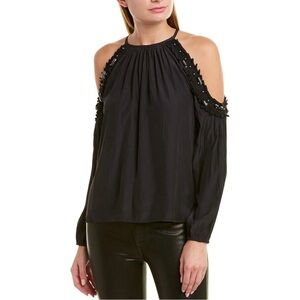 Ramy Brook Anne Coil Embellished Cold Shoulder Top Blouse Black Sz XS